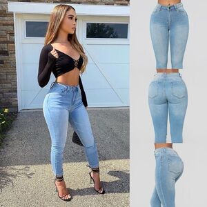Fashion Nova Wifey High Rise Booty Lifter Denim Jeans Size 13 Light Blue Wash